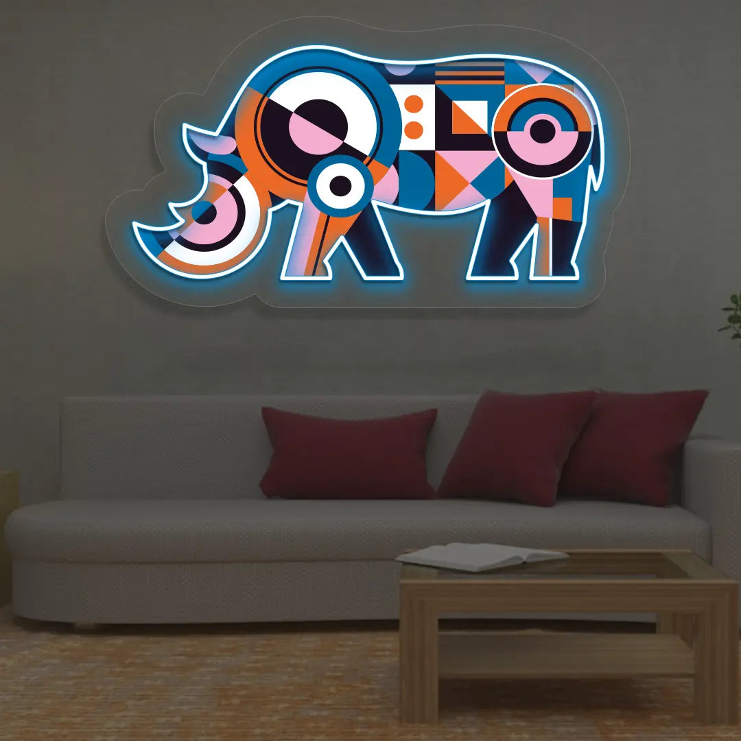 Geometric Rhino Abstract Neon Artwork in Iceblue color