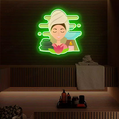 Steam Wellness Neon Artwork lighting up in green color on a wooden spa wall