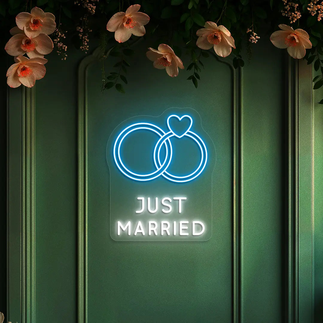 Just Married Rings Wedding Neon Sign in iceblue color
