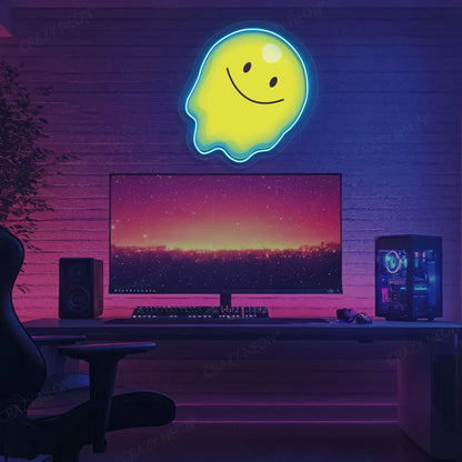 Melting Smiley Face Emoji Neon Artwork | Iceblue