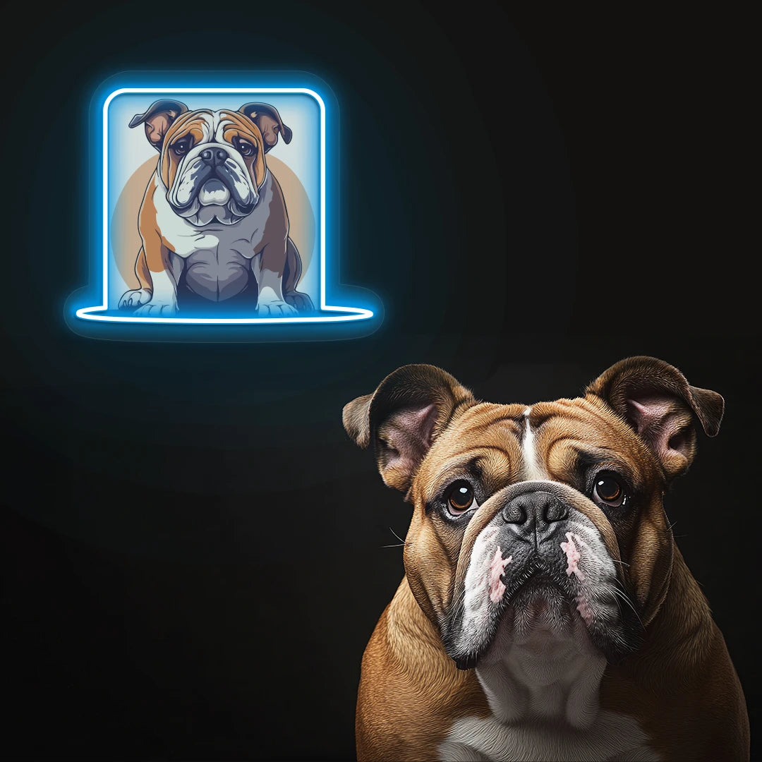Bulldog Portrait Neon Artwork in Iceblue Color