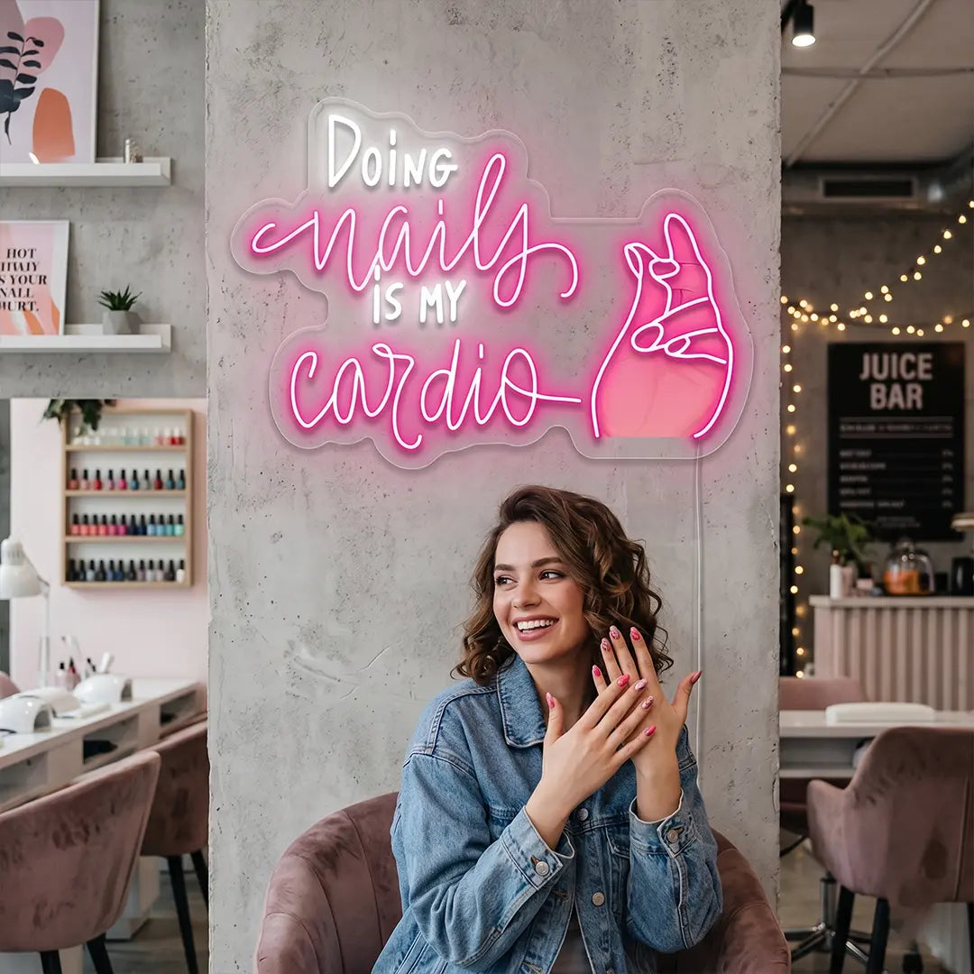 Doing Nails Is My Cardio Nails Neon Sign Artwork in pink color