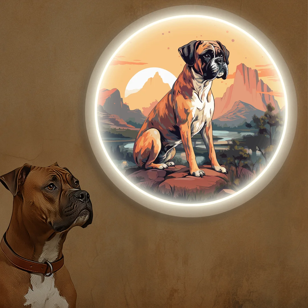 Desert Sunset Boxer Dog Neon Artwork in warmwhite Color