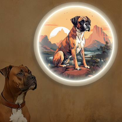 Desert Sunset Boxer Dog Neon Artwork in warmwhite Color