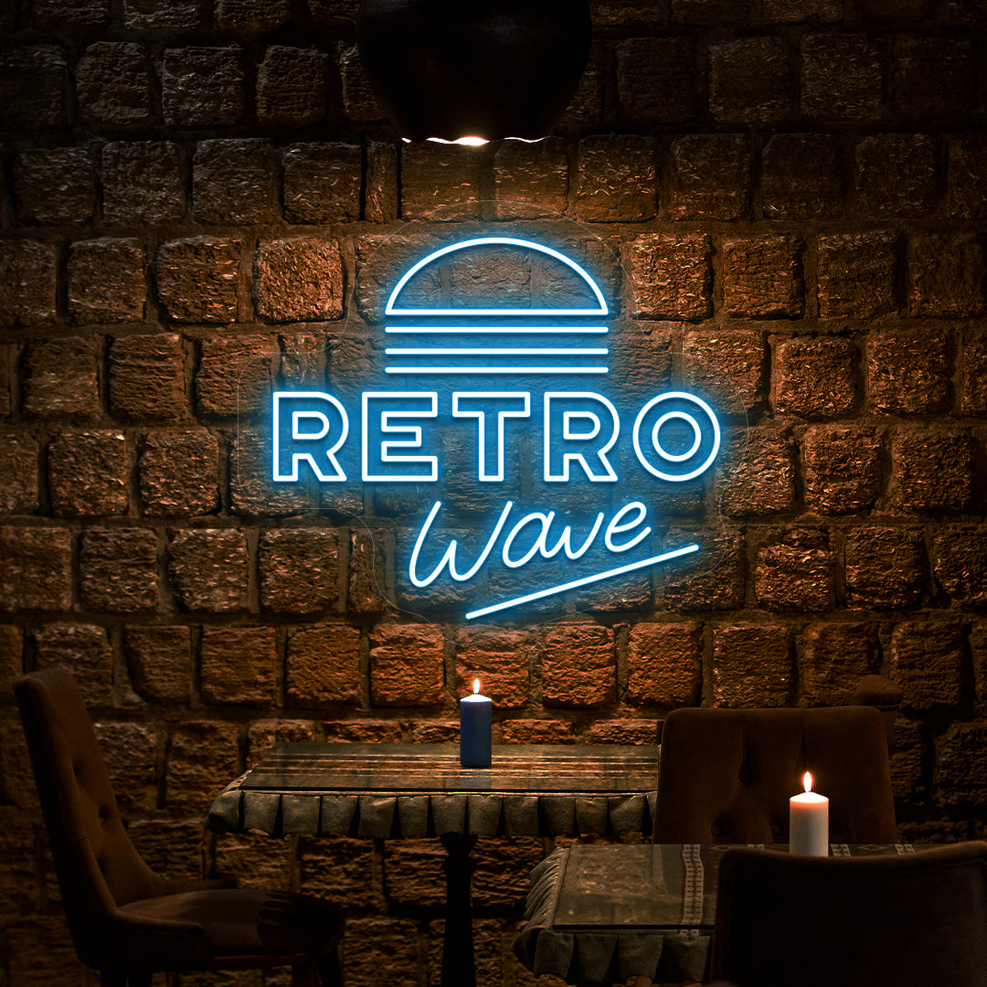 ice blue retro wave vintage neon sign mounted on a wall