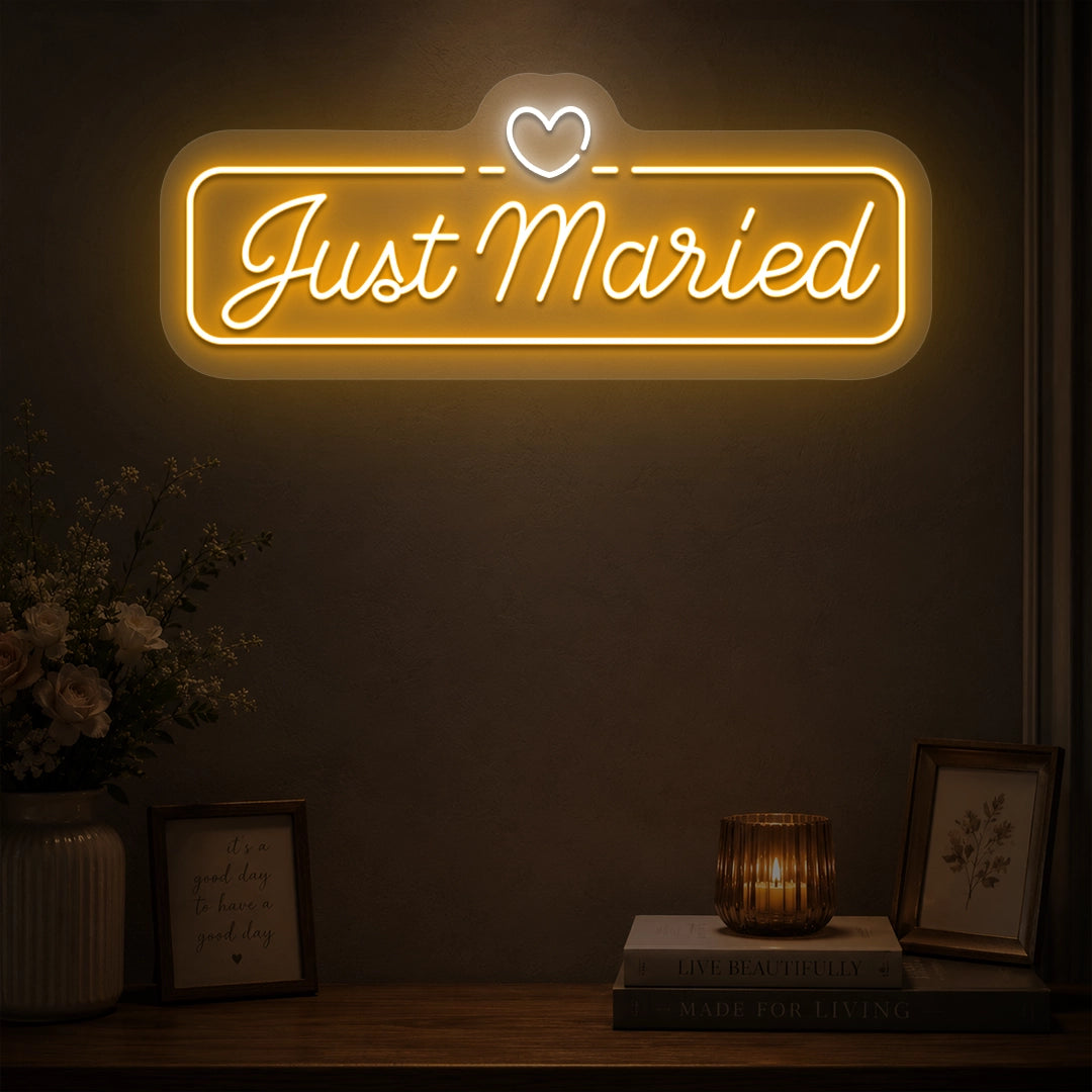 Just Married Heartbound Wedding Neon Sign in orange color