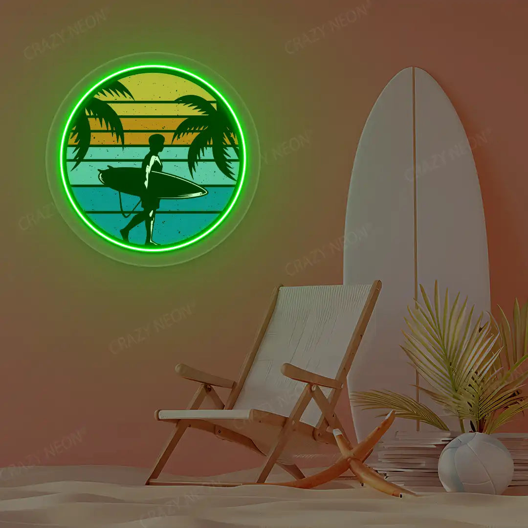 green surfer silhouette tropical sunset neon artwork mounted on a wall