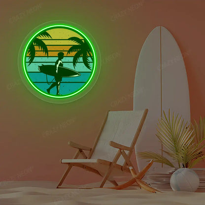 green surfer silhouette tropical sunset neon artwork mounted on a wall