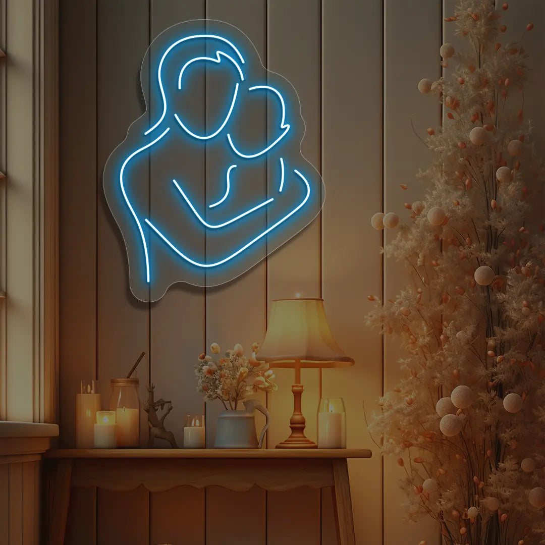 ice blue mamas hug neon sign mounted on a wall