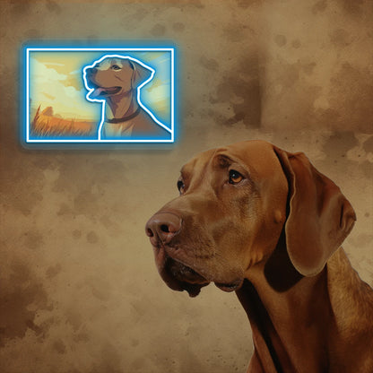 Sunset Field Vizsla Dog Neon Artwork in iceblue color