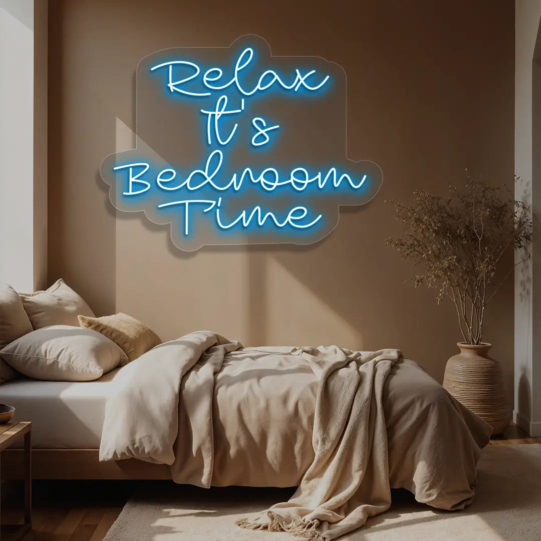 ice blue relax its bedroom time neon sign mounted on a wall