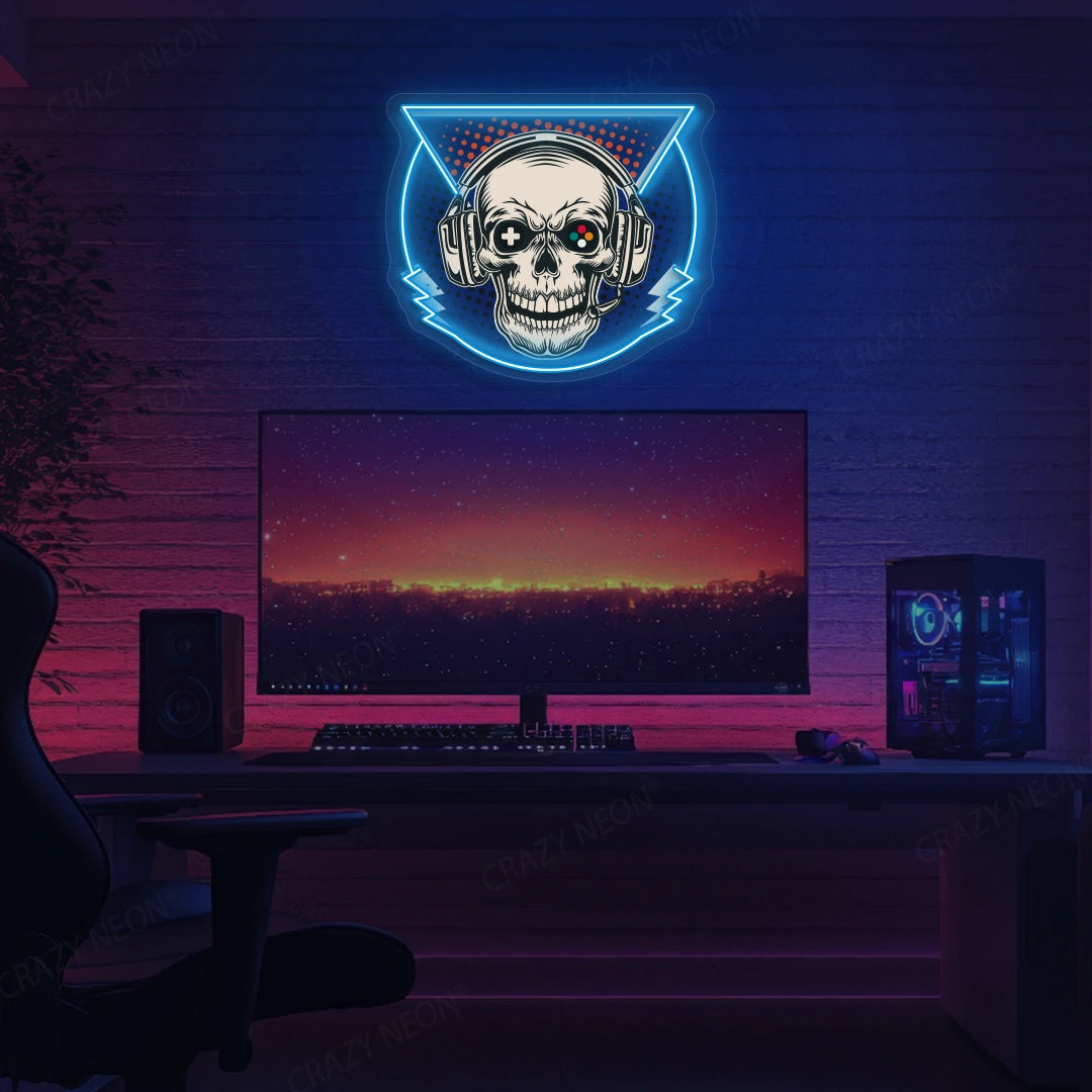 Skull Headphone Gaming Neon Artwork in Iceblue color