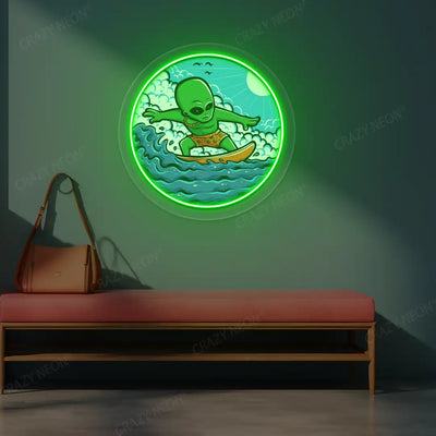 green alien surfer neon artwork mounted on a wall