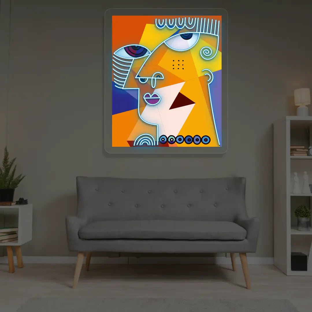 Colorburst Face Abstract Neon Artwork  in Iceblue color