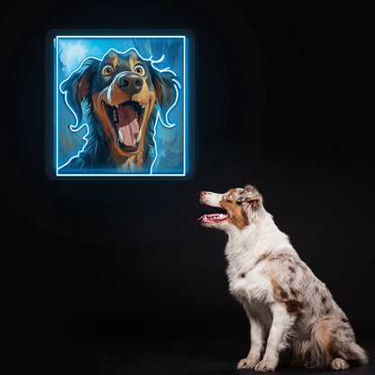 Happy Australian Shepherd Portrait Neon Artwork in Iceblue