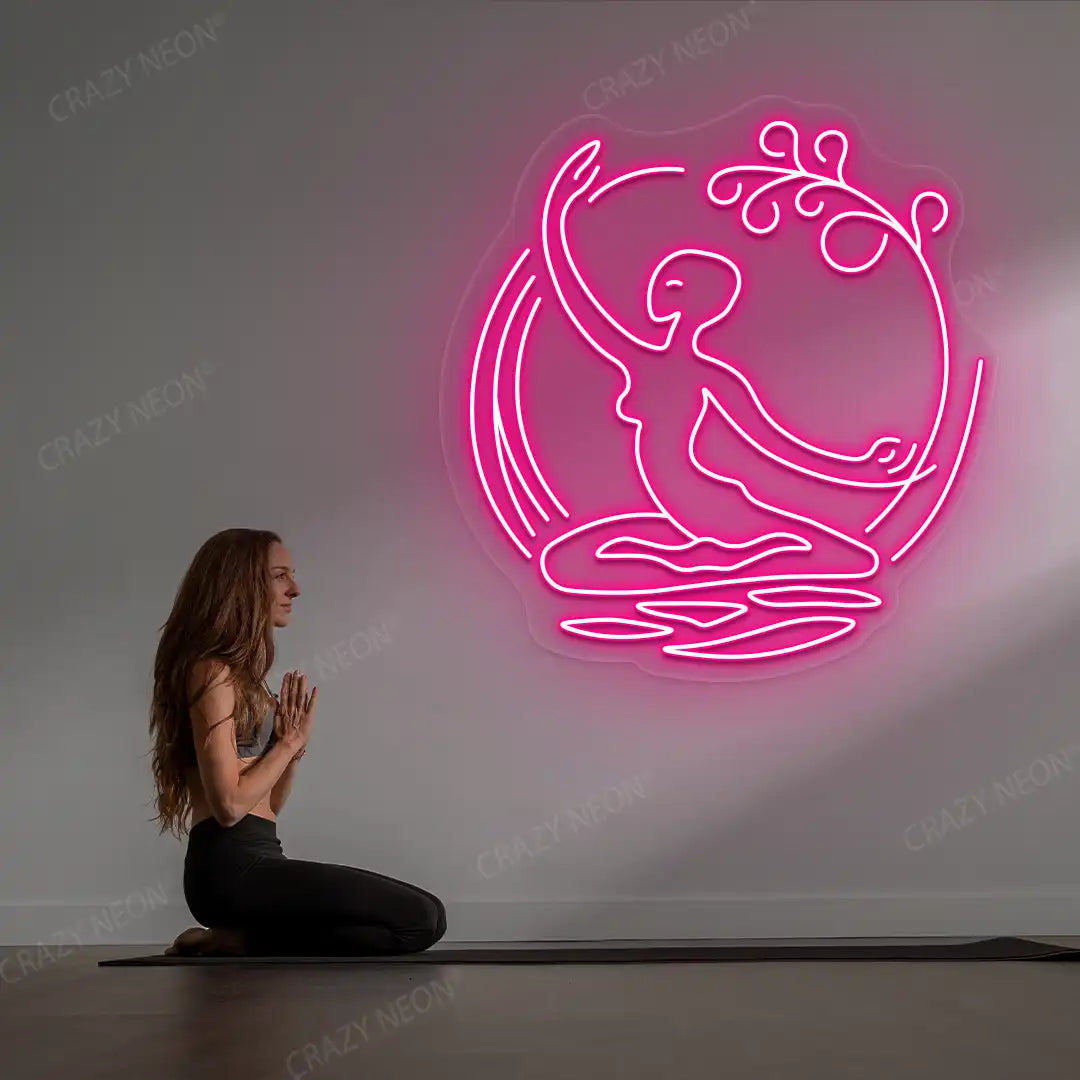 Chi Flow meditation Neon Sign lighting up in pink color in a yoga room