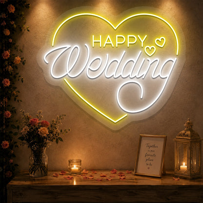 Happy Wedding Glow Neon Sign in Yellow color