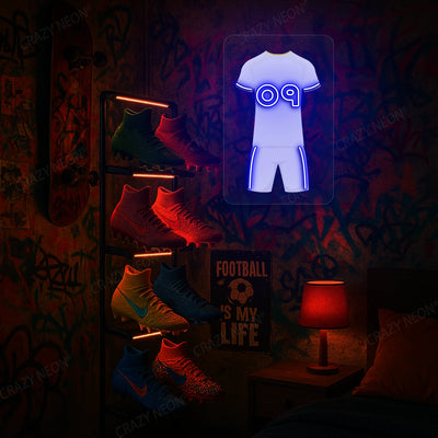 White football jersey neon artwork with  number 09 glowing on graffiti-covered wall