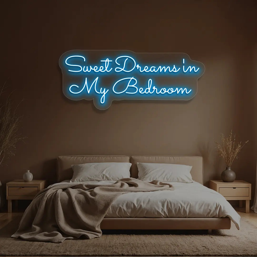 ice blue sweet dreams in my bedroom neon sign mounted on a wall