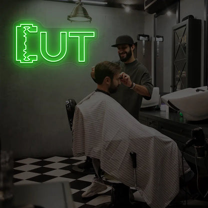 Cut Blade Barber Neon Sign in Green color