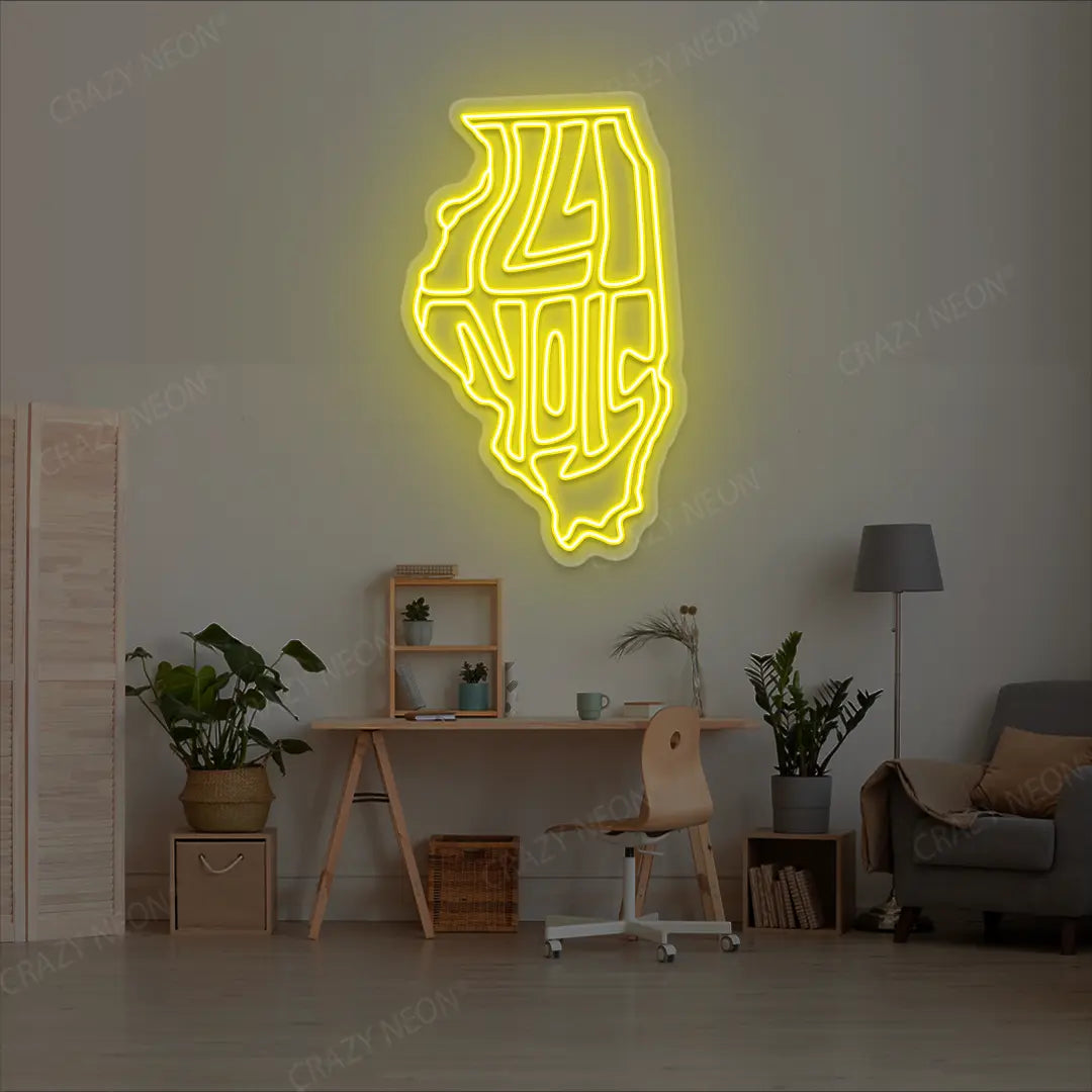 ILLINOIS Map Neon Sign lighting up in yellow color in a room