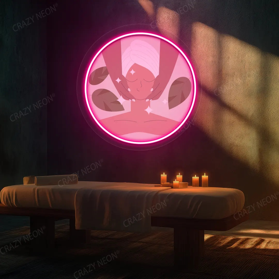 Facial Massage Neon Artwork lighting up in pink color on a spa wall
