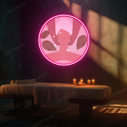 Facial Massage Neon Artwork lighting up in pink color on a spa wall
