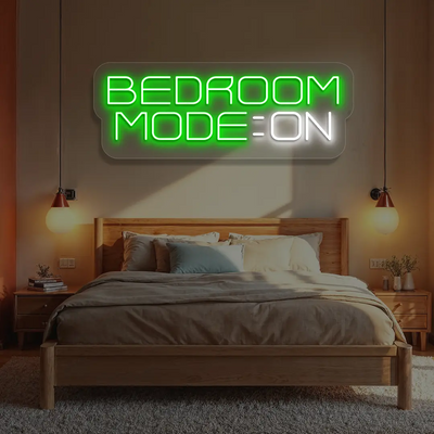 green and white bedroom mode on neon sign mounted on a wall