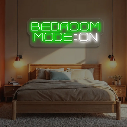 green and white bedroom mode on neon sign mounted on a wall