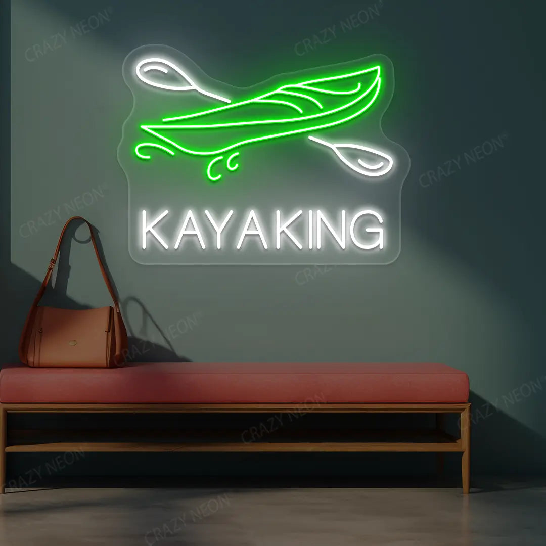 green and white kayaking boat neon sign mounted on a wall