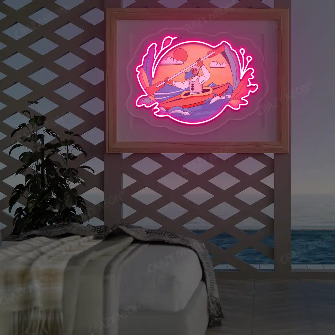 pink kayak dreamscape neon artwork mounted on a wall