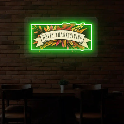 Autumn leaves happy thanksgiving neon sign in green