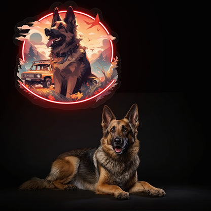 Adventure Trail German Shepherd Neon Artwork in red color