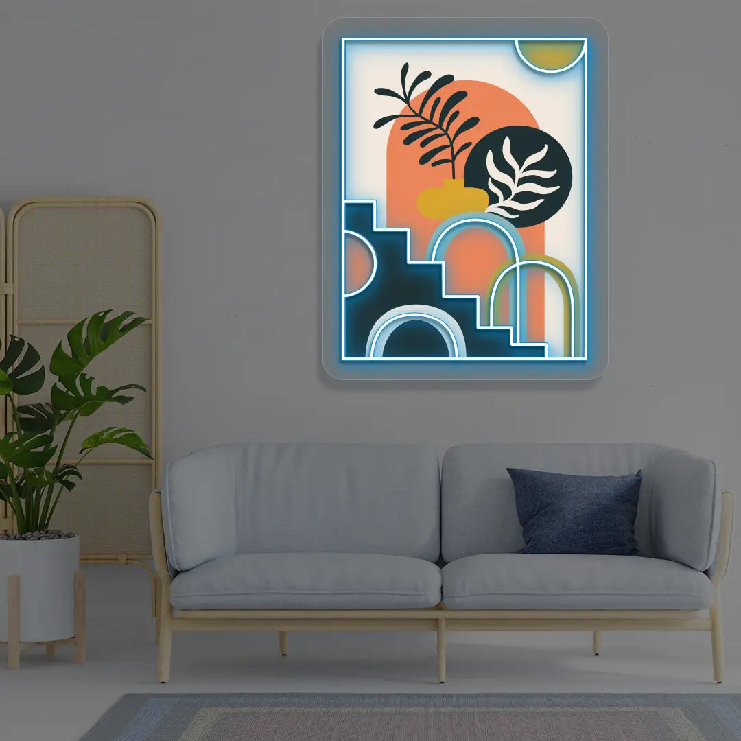 Boho Botanical Staircase Abstract Neon Artwork in iceblue color