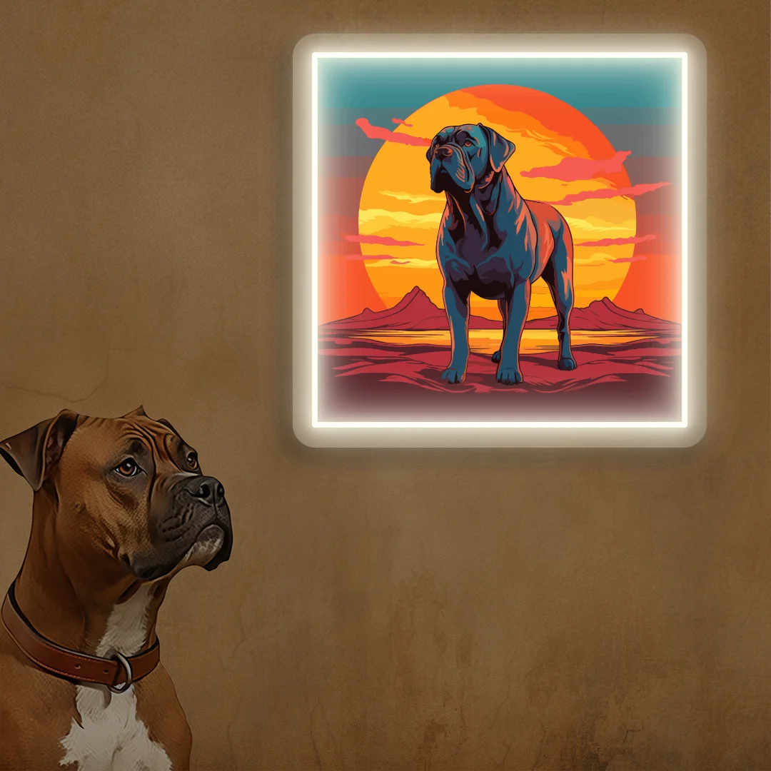 Sunset Canyon Mastiff Dog Neon Artwork in White Color