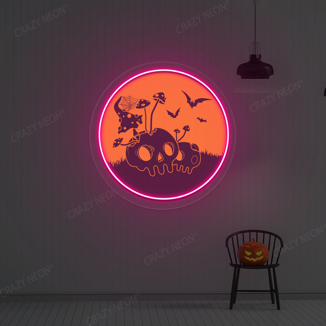 Haunted Mushroom Skulls Neon Artwork | Pink