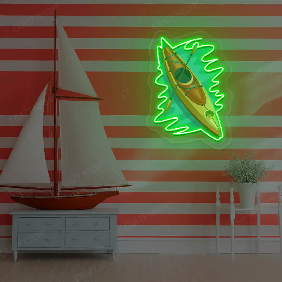 green floating kayak neon artwork mounted on a wall