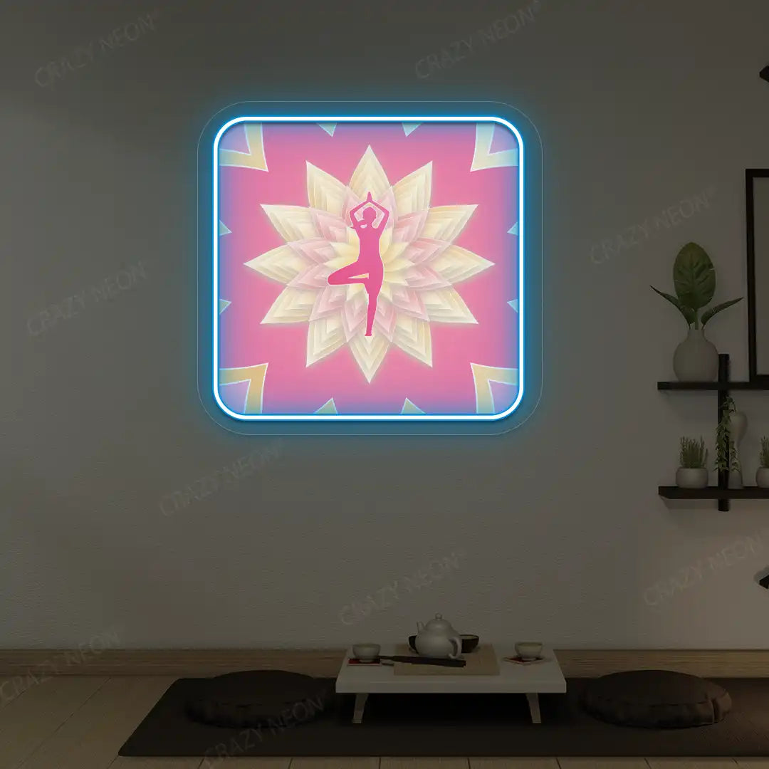 Vrikshasana Mandala Yoga Neon Artwork lighting up in iceblue color in a yoga room