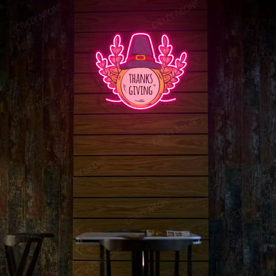 Pilgrim hat and wheat thanksgiving neon sign in pink