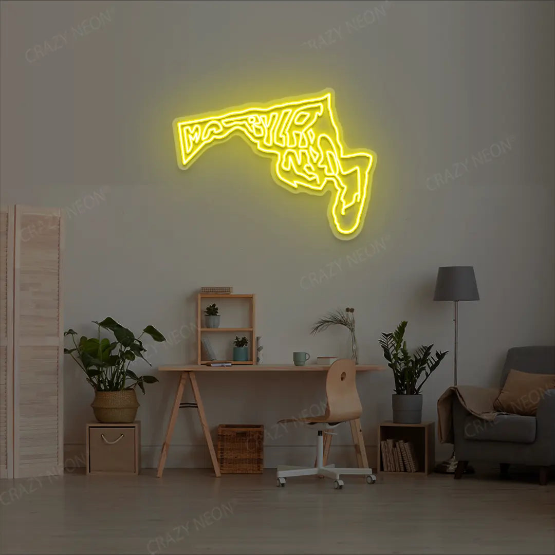 MARYLAND Map Neon Sign lighting up in yellow color in a room