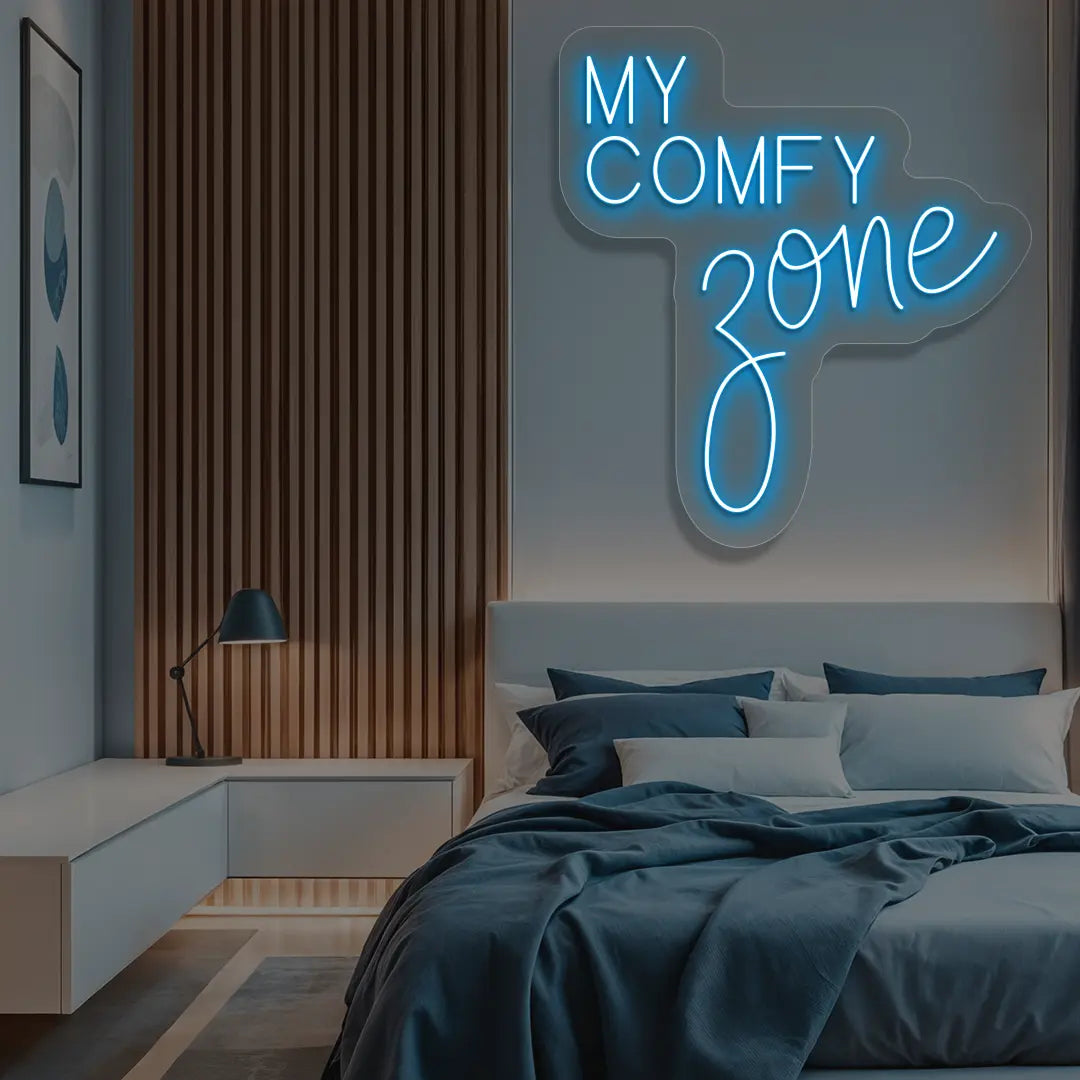 ice blue my comfy zone neon sign mounted on a wall