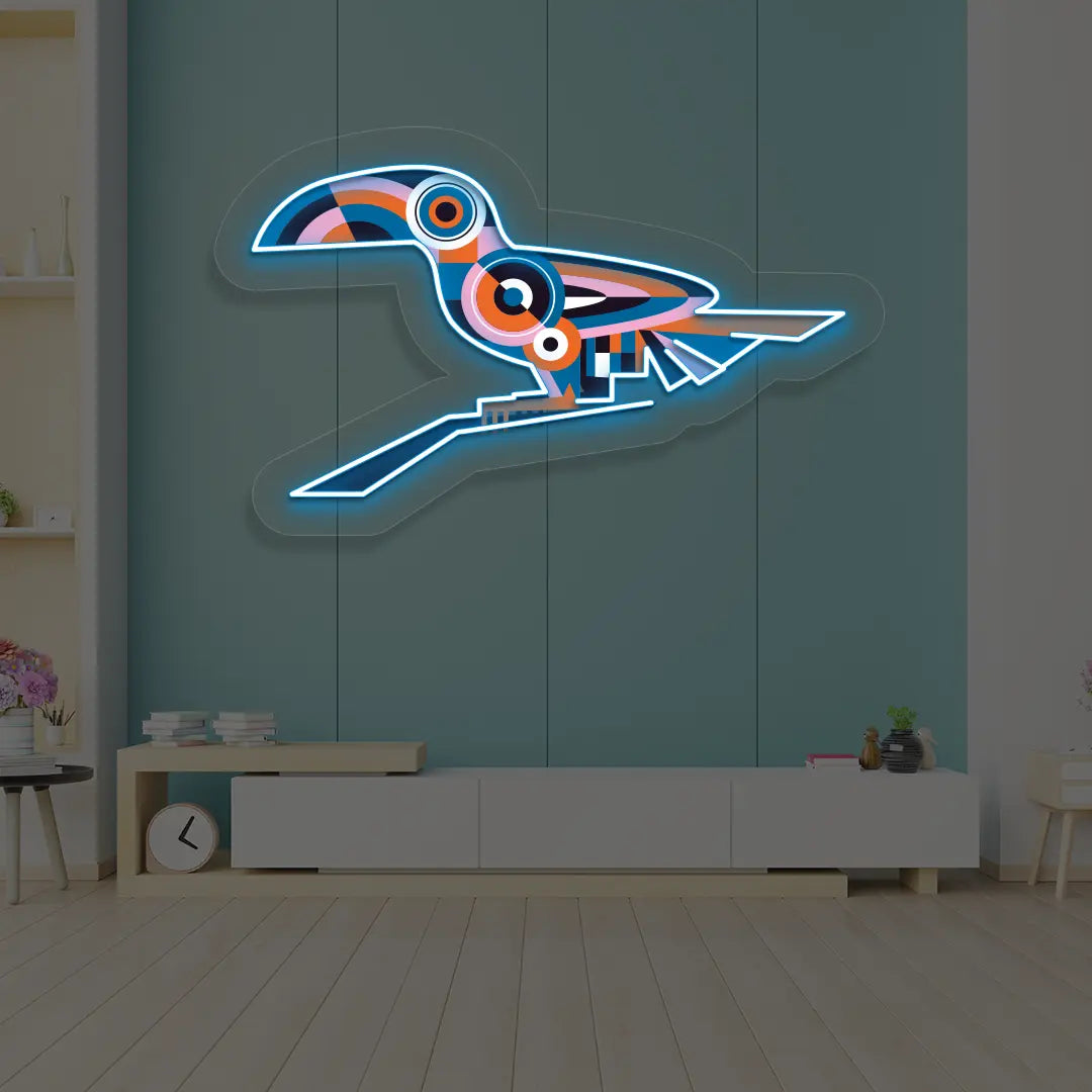 Toucan Harmony Abstract Neon Artwork Sign in Iceblue color