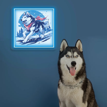 Snow Trail Husky Portrait Neon Artwork in iceblue color
