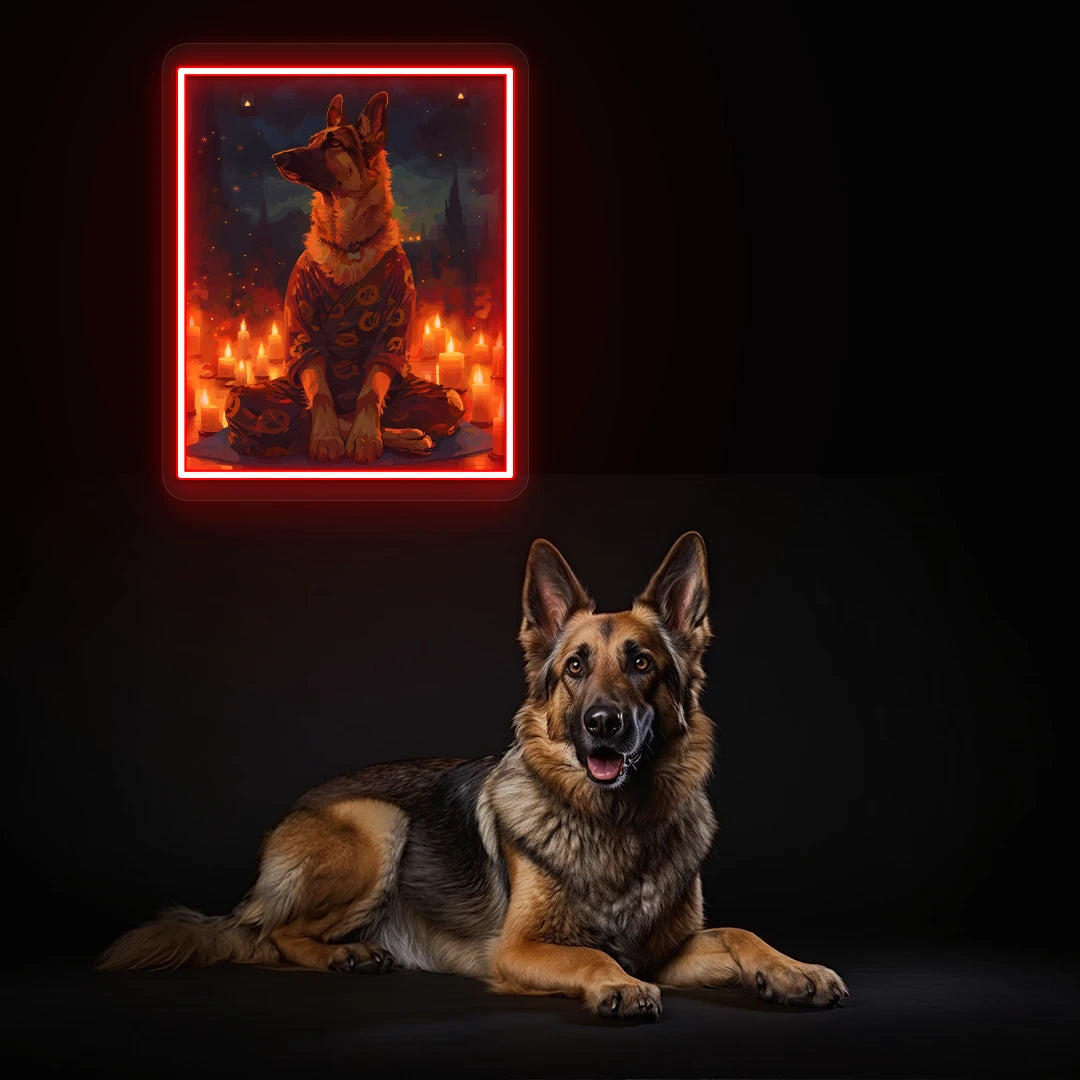 Candlelight Zen German Shepherd Neon Artwork in Red Color