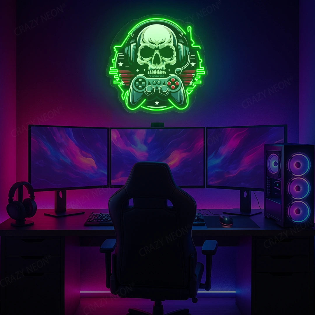 Gamer Skull Headphone Neon Artwork in Green Color