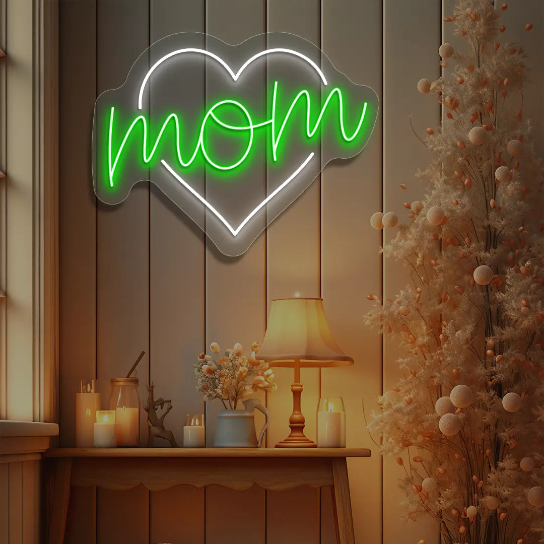 Mom Heart Neon Sign in Green color