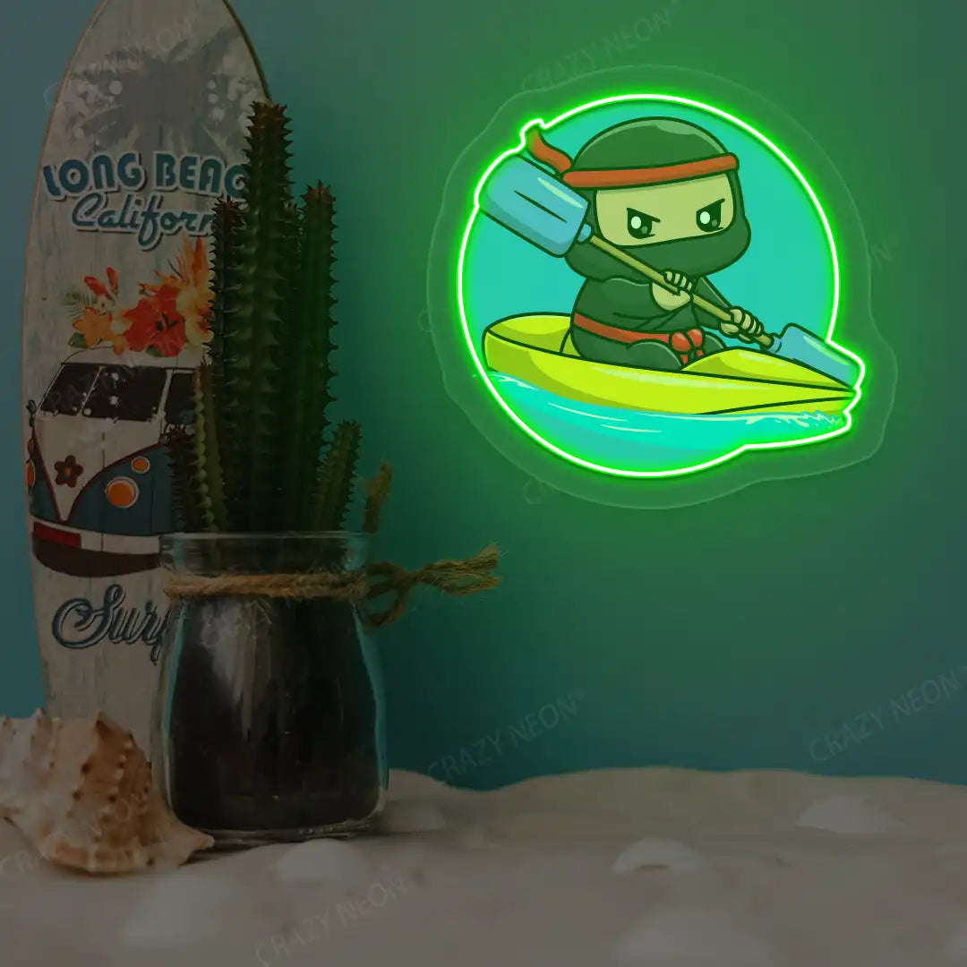 green ninja kayaking neon artwork mounted on a wall