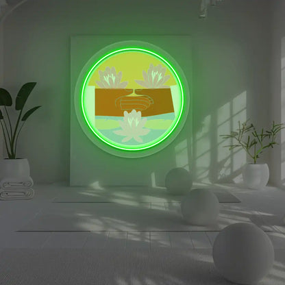 Dhyana Mudra Lotus Neon Artwork lighting up in green color in a yoga room