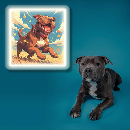 Happy Staffordshire Bull Terrier Portrait Neon Artwork in warmwhite color