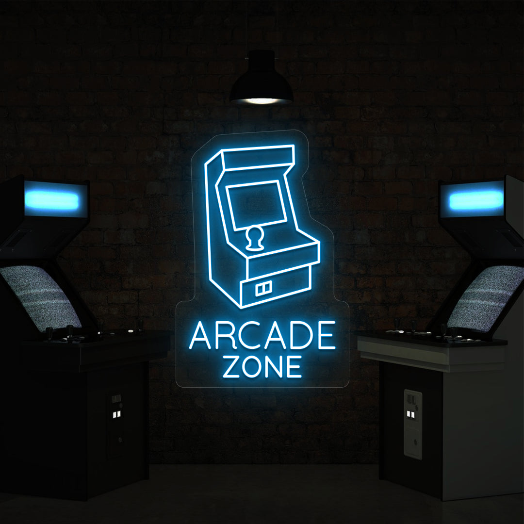 ice blue nostalgic arcade zone vintage neon sign mounted on a wall